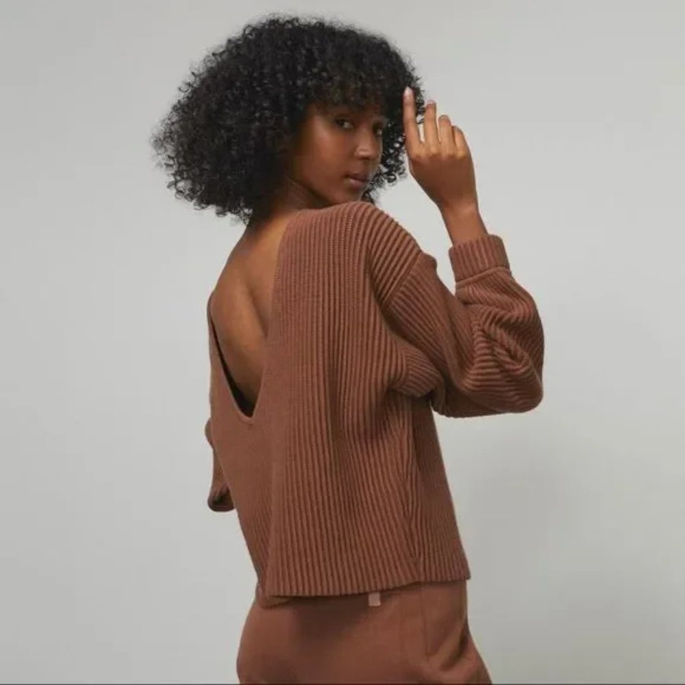 lunya Ribbed Deep V-Back Sweater in Chestnut